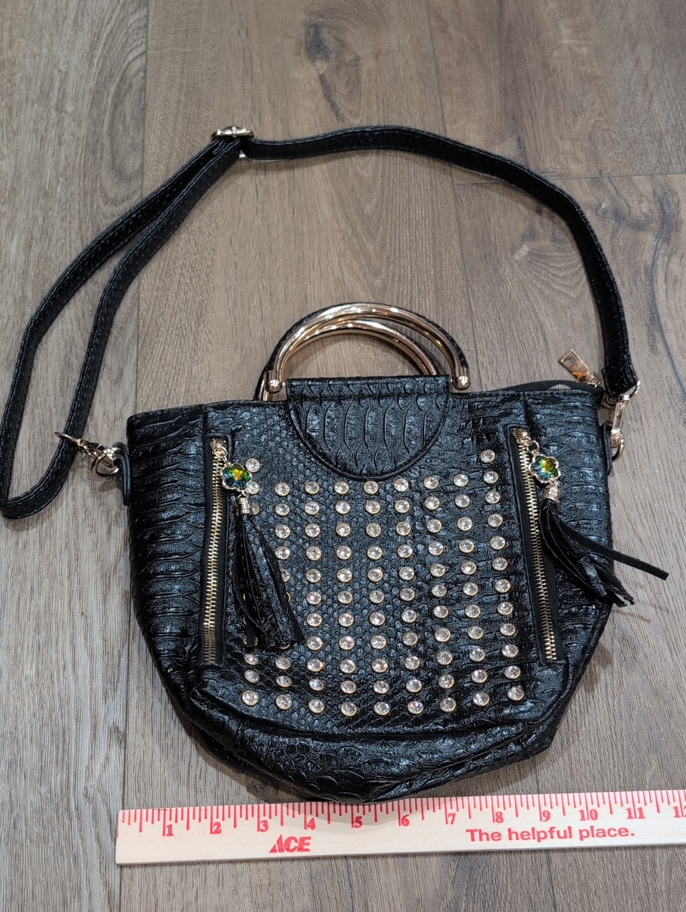 Black Studded Tote Handbag with Gold Handles
